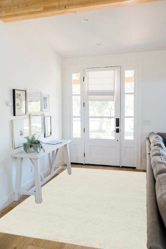 Brockton Solid Wool Modern Farmhouse Area Rug - Suitable for Living Room Bedroom -%100 Wool - Single Color - Hand Loomed - Medium Pile - Beige, Cream - 5' x 8' in White Scandinavian Entryway