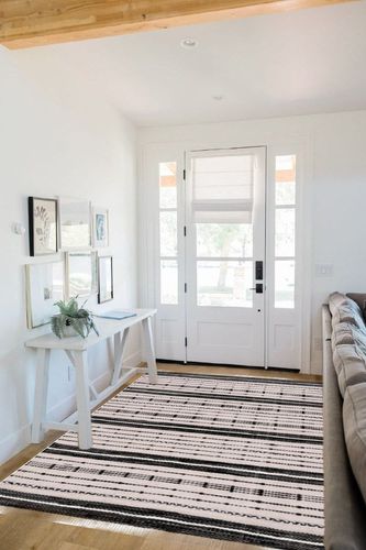 Safavieh Striped Kilim Collection Area Rug - 5' x 8', Beige & Black, Flat Weave Boho Tassel Fringe Cotton Design, Easy Care, Ideal for High Traffic Areas in Living Room, Bedroom (STK206B) in White Scandinavian Entryway