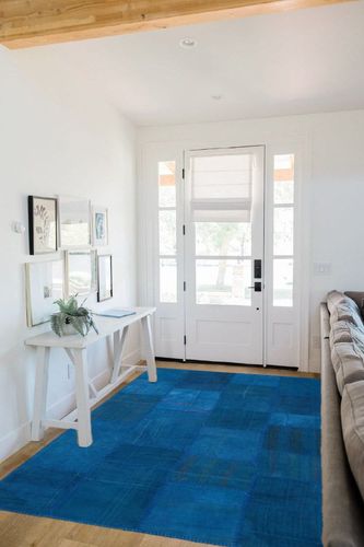 BESPOKY 5'1" x 7'7" (154x230 Cm) Teselya Blue Patchwork Wool Handmade Area Rug in White Scandinavian Entryway