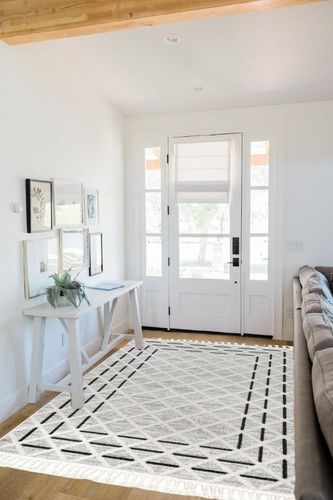 Rugs USA x Arvin Olano Ventana Crosshatch Textured Area Rug, 5' 3" x 7' 6", Light Grey in White Scandinavian Entryway