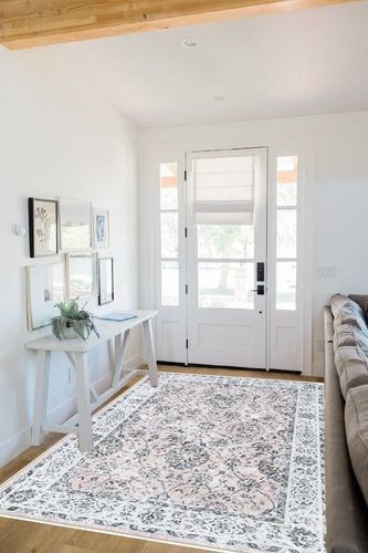 MADREAM Area Rug for Living Room, 5x8 Feet Boho Area Rug Washable for Kitchen Bedroom Farmhouse Decor, Vintage Non-Slip Moroccan Rug. (Pink in White Scandinavian Entryway