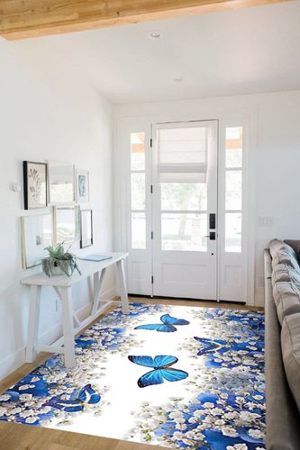 Butterfly Design Area Rug,5x8ft, Beautiful White Flowers and Blue Butterflies Pattern Rugs Retro Machine Washable Big Carpets for Living Room Boys Girls Bedroom Bathroom Dorm Playroom Art Decor in White Scandinavian Entryway