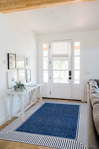 nuLOOM 5' x 8' Outdoor Area Rug, Casual Design With Striped Border, Stain Resistant, Highly Durable, For Patio, Balcony, Bedroom, Living Room, Dining Room, Bathroom, Navy in White Scandinavian Entryway
