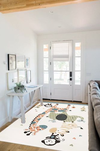 SAFAVIEH Carousel Kids Collection Area Rug - 5'3" x 7'6", Ivory, Animal Design, Non-Shedding & Easy Care, Ideal for High Traffic Areas for Boys & Girls in Playroom, Nursery, Bedroom (CRK120A) in White Scandinavian Entryway
