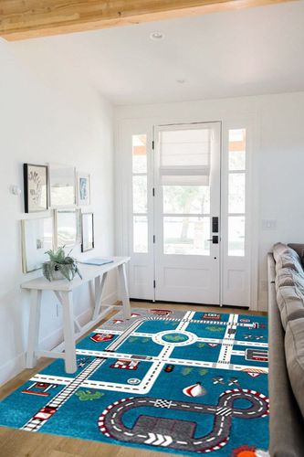 SAFAVIEH Carousel Kids Collection Area Rug - 5'3" x 7'6", Turquoise & Ivory, Non-Shedding & Easy Care, Ideal for High Traffic Areas for Boys & Girls in Playroom, Nursery, Bedroom (CRK192K) in White Scandinavian Entryway