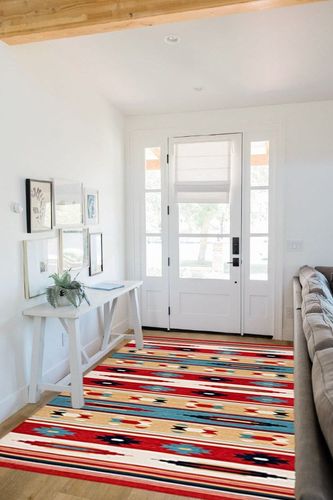 Safavieh Kilim Collection Area Rug - 5' x 8', Beige & Red, Handmade Flat Weave Wool, Ideal for High Traffic Areas in Living Room, Bedroom (KLM712A) in White Scandinavian Entryway