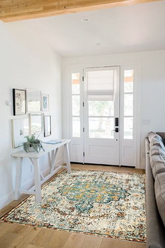 Pastel Teal Large Dining Room Rug in White Scandinavian Entryway