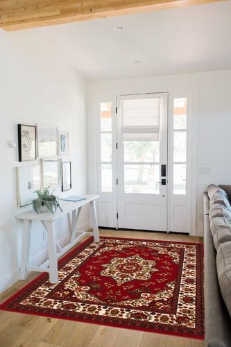 Maroon Traditional Non Slip Living Room Area Rug in White Scandinavian Entryway