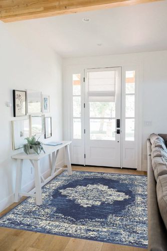 Navy Blue Modern Lightweight Living Room Area Rug in White Scandinavian Entryway