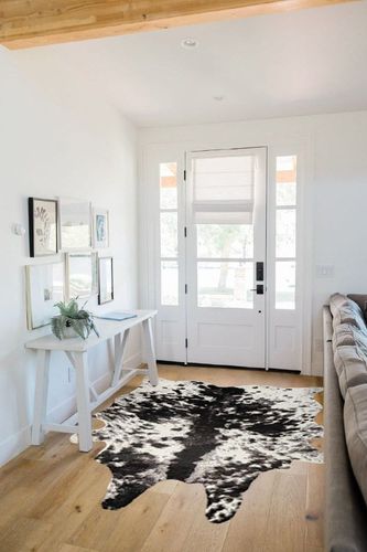 Yincimar Faux Cowhide Rug Extra Large Cow Print Area Rug 5.2ft x 6.6ft Non-Slip Animal Hide Carpet for Bedroom Living Room Western Home Office Decor (Black/Grey/White) in White Scandinavian Entryway