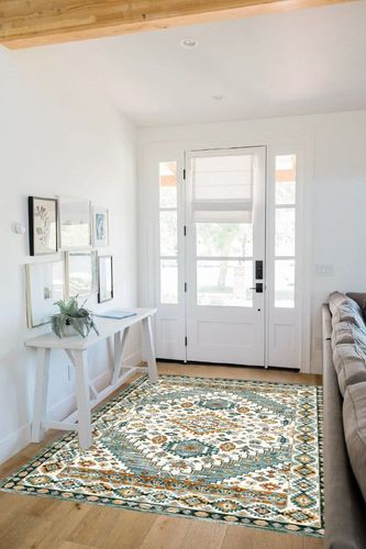 CHOSHOME Area Rug - 5x7 Low-Pile Machine Washable Rug Vintage Rug with Non-Slip Backing, Non-Shedding Indoor Floor Rugs for Living Room Bedroom Kitchen Laundry Home Office Carpet,Green in White Scandinavian Entryway