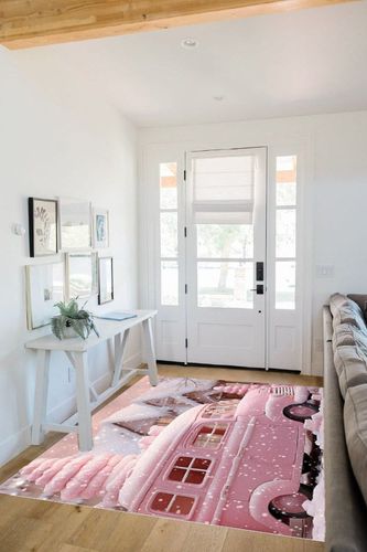 Pink Christmas Area Rug for Living Room, Rectangular Indoor Carpet - 5' x 7', Xmas Pink Truck Winter Snowflake Non-Skid Bathroom Mat Kitchen Runner Rugs for Bedroom in White Scandinavian Entryway