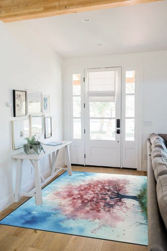 DNOVING Large Non-Slip Area Rug 5x7ft Washable Fluffy Rug, Cherry Blossom Tree Design, Rubber Backing, Pink and White Petals on Blue Sky in White Scandinavian Entryway