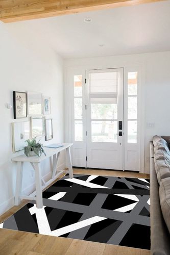 Large Area Rug, Grey Black Grey Geometric Non-Slip Indoor Accent Area Carpet, Modern White Abstract Art Striped Fluffy Shaggy Runner Rug for Living Room, Bedroom, Kids Room, 5'x 7' in White Scandinavian Entryway