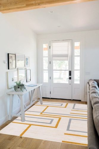 Well Woven Fiora Gold Modern Geometric Stripes & Boxes Pattern Area Rug 5x7 (5'3" x 7'3") in White Scandinavian Entryway