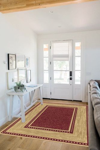 Ottomanson Machine Washable Border Design Non-Slip Rubberback 5x7 Modern Area Rug for Living Room, Bedroom, Dining Room, Office, 5' x 6'6", Red/Beige in White Scandinavian Entryway
