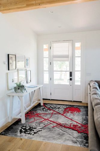 HT Design Rectangular Area Rug for Living Room, Abstract Black/Red 5x7 Modern Rugs, Easy to Clean, Pet Friendly Indoor Carpet for Living Room in White Scandinavian Entryway