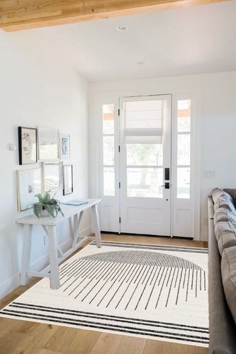 Hauteloom Angus Contemporary Bedroom Living Room Farmhouse Area Rug - Art Deco Boho Carpet - Mid Century Round Southwestern - Native American - Black, Grey, Off White, Beige - 5' x 7' in White Scandinavian Entryway