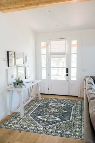 Rofee Living Boho Area Rug 5x7 Washable Olive Green Blue Vintage Distressed Soft Accent Floor Carpet for Living Room Bedroom in White Scandinavian Entryway
