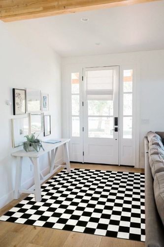 Seavish Checkered Rug, 5x6.5 Ft Black and White Outdoor Rug Moroccan Checkerboard Mat Washable Runner Rug Cotton Woven for Hallway Front Door Bedroom Entryway Kitchen Floor Reversible Area Rugs in White Scandinavian Entryway