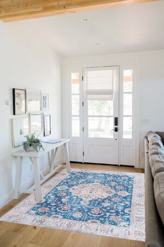 Syalife Washable Rug Vintage Area Rugs, 5'x 7' Living Room Rug with Non Slip Backing, Ultra-Thin Medallion Distressed Non-Shedding Blue Rug, Vintage Floor Mat Indoor Rug in White Scandinavian Entryway