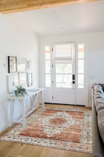 IKALIFE Ultra-Thin Washable Vintage Area Rug 5'x 7' for Living Room, Low-Pile Area Rugs Non-Shed Non Slip, Unique Chenille Printed Home Decor, Perfect for Bedroom Dining Room Kitchen, Orange in White Scandinavian Entryway