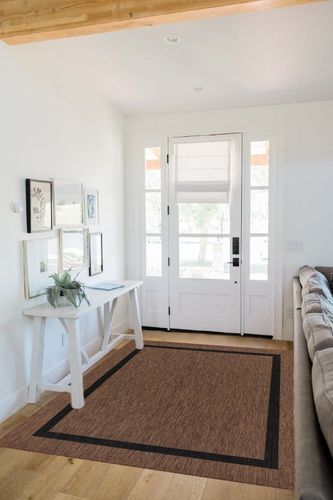 Beverly Rug Waikiki Indoor Outdoor Rug 5x7, Washable Outside Carpet for Patio, Deck, Porch, Bordered Modern Area Rug, Water Resistant, Gold - Black in White Scandinavian Entryway
