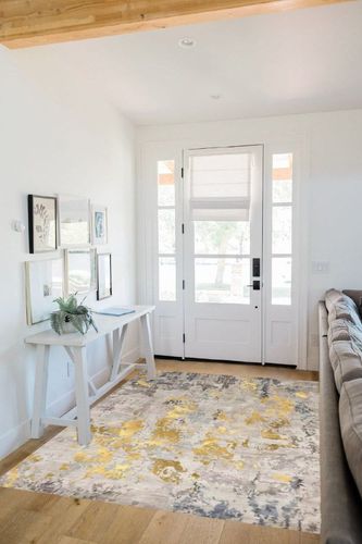 vivorug Washable Rug, Ultra Soft Area Rug 5x7, Non Slip Abstract Rug Foldable, Stain Resistant Rugs for Living Room Bedroom, Modern Fuzzy Rug (Grey/Gold/Navy, 5'x7') in White Scandinavian Entryway