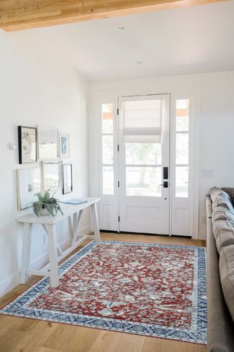 COZYLOOM 5x7 Vintage Bohemian Distressed Rug Oriental Floral Printed Rug Boho Chenille Soft Floor Cover for Living Room Bedroom Non-Slip Low Pile Washable Rug Foldable Thin Red in White Scandinavian Entryway