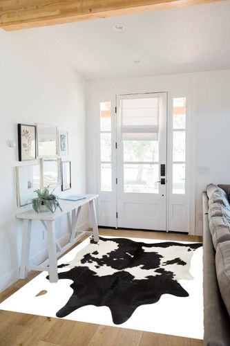 Just Cowhide Black and White Cowhide Rug Large Natural Cow Skin Cow Hide Leather Area Rug Hair On, Premium Black White Cow Hide Rugs (Black and White, 5 X 7) in White Scandinavian Entryway