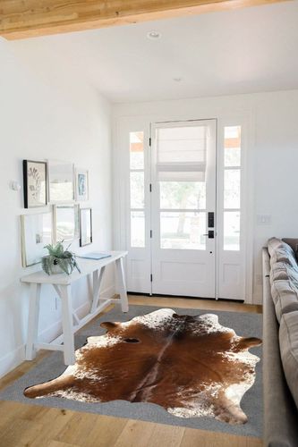 Large Cowhide Rug Tricolor Cowhide Cow Skin Leather Area Rug, Hair On Cow Hide Rugs 5 X 7 ft Black, Brown and White in White Scandinavian Entryway