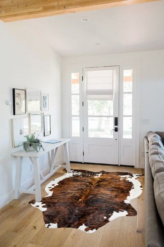 HIDES BAZAAR Brown Brindle Cowhide Rug, Premium Quality Genuine Leather Cow Hide, Brown, Black and White Area Rug (5x7 ft) in White Scandinavian Entryway