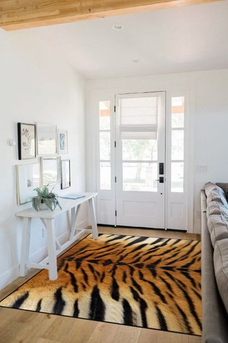 Naanle Tiger Print Area Rug 5'x7' Animal Print Polyester Area Rug Mat for Living Dining Dorm Room Bedroom Home Decorative in White Scandinavian Entryway