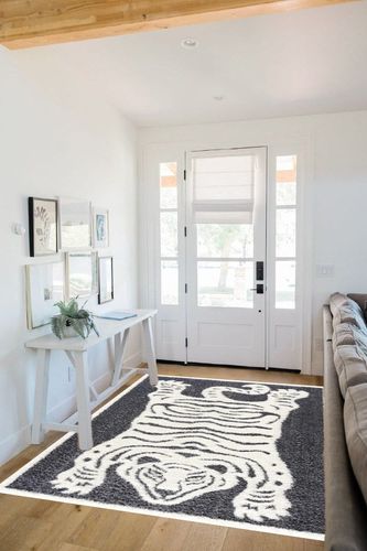 Hauteloom Tilos Moroccan Farmhouse Living Room Bedroom Nursery Shag Area Rug - Shaggy Carpet - Tiger Pattern - High Plush Pile - Dark Grey, Charcoal, Beige, Cream - 5'3" x 7' in White Scandinavian Entryway