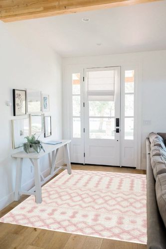 Hauteloom Tilos Moroccan Farmhouse Living Room Bedroom Nursery Shag Area Rug - Shaggy Carpet - Trellis Pattern - High Plush Pile - Cream, Pink, Beige - 5'3" x 7' in White Scandinavian Entryway
