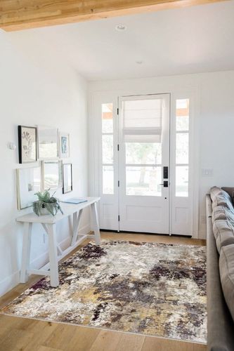 COLORPAPA Modern Abstract Area Rug 5x7 Washable Rug for Living Room Bedroom Dining Room Office Non-Slip Soft Floor Carpet, Purple/Beige/Yellow in White Scandinavian Entryway