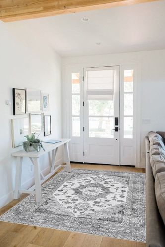 Area Rug Living Room Rugs: 5x7 Large Machine Washable Boho Carpet Vintage Medallion Floral Indoor Non Slip Decor Carpets for Under Dining Table Bedroom Farmhouse Nursery Home Office Grey in White Scandinavian Entryway