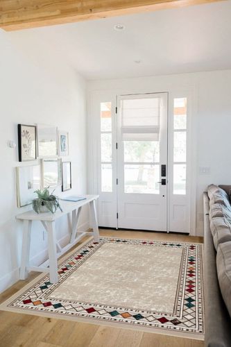 Antep Rugs Alfombras Modern Bordered 5x7 Non-Skid (Non-Slip) Low Profile Pile Rubber Backing Indoor Area Rugs (Beige, 5' x 7') in White Scandinavian Entryway