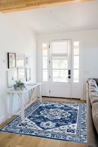 Zacoo Boho Area Rug 5x7 Washable Rug Vintage Soft Navy Blue Medallion Distressed Print Carpet Oriental Non Slip Non-Shedding Low-Pile Throw Thin Bedroom Rugs for Living Room Dining Room in White Scandinavian Entryway