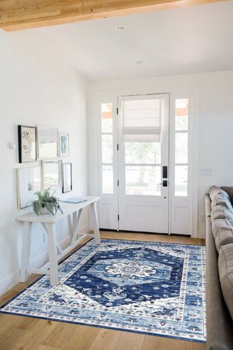 COZYLOOM Ultra-Thin Washable Rug 5x7 Non-Slip Rug Indoor Medallion Distressed Floor Carpet for Living Room Bedroom Oriental Floral Throw Carpet Non-Shedding Foldable Low Pile Floor Cover Blue in White Scandinavian Entryway