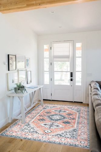 Rofee Living Washable Boho Area Rug 5x7 for Living Room Vintage Distressed Orange and Grey Stain Resistant Accent Floor Rug for Bedroom in White Scandinavian Entryway