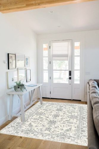 Area Rug Living Room Rugs - 5x7 Machine Washable Soft Farmhouse Boho Moroccan Floral Thin Rug Indoor Floor Carpet for Bedroom Under Dining Table Home Office Decor - Grey in White Scandinavian Entryway