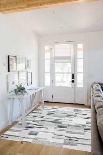 COZYLOOM Modern Geometric Rug 5x7 Contemporary Distressed Area Rug Low Pile Non-Shedding Living Room Rug Indoor Floor Cover Bedroom Home Office Dorm Dining Room Throw Carpet Non Slip Thin Grey in White Scandinavian Entryway