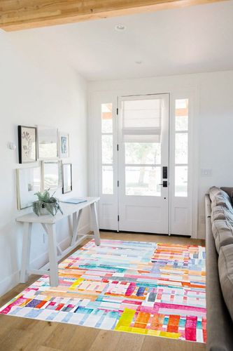 Linon Painterly Swatch Printed Lux Soft Faux Rabbit 5' X 7' Area Rug in Pink and Blue in White Scandinavian Entryway