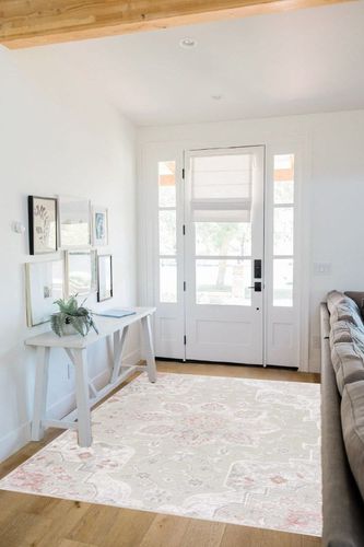 Hauteloom Leena Persian Oriental Living Room Bedroom Area Rug - Traditional Medallion - Boho Vintage - Grey, Beige, Cream, Pink - 5'2" x 7' in White Scandinavian Entryway