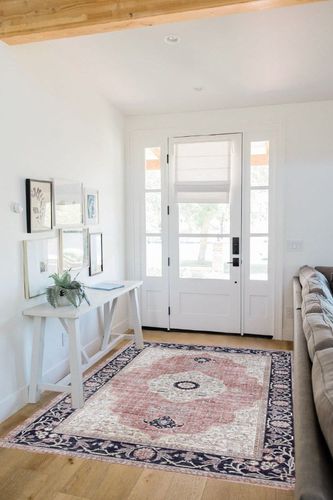 Creative Home Ideas Printed Chenille Area Rugs - for Bedroom, Kitchen, Living Room, Entryway, Hallway, Playroom - Non Skid & Washable - 5' x 7' - Constance Pattern, Constance Blush Pink in White Scandinavian Entryway