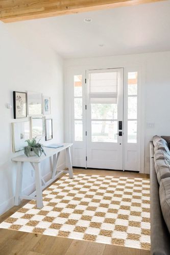 Hauteloom Atira Checkered Shag Area Rug - Checkboard Design - High Pile Fluffy Shaggy Touch - Square Tiles - Kids Room, Nursery, Living Room Shaggy Carpet - Yellow, Cream, White - 5'3" x 7'3" in White Scandinavian Entryway