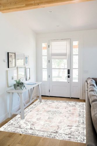 BRICHOEE Vintage Machine Washable Area Rug 5x7 Light Pink Low-Pile Indoor Floral Print Carpet Non Slip Printed Persian Boho Rug for Living Room in White Scandinavian Entryway