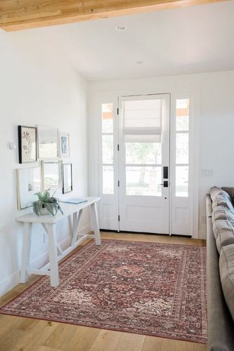 Zacoo Washable Rug Boho Area Rugs for Living Room 5x7 Rug Non Slip Distressed Floor Mat Low Pile Vintage Oriental Rugs for Bedroom Nursery Classroom Rug, Red in White Scandinavian Entryway