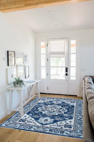 COZYLOOM Area Rug 5x7 Washable Rug Medallion Floor Cover Vintage Floral Distressed Rug Soft Tribal Indoor Carpet Non-Slip Low Pile Thin Rug Oriental Throw Carpet Foldable Rug Navy/White in White Scandinavian Entryway
